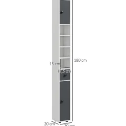Meuble colonne salle de bain 2 portes 2 étagères 4 niches tiroir poignées métal noir panneaux blanc gris