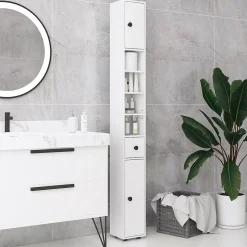 Meuble colonne salle de bain 2 portes 2 étagères 4 niches tiroir poignées métal noir panneaux blanc