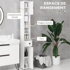 Meuble colonne salle de bain 2 portes 2 étagères 4 niches tiroir poignées métal noir panneaux blanc