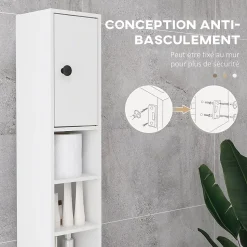 Meuble colonne salle de bain 2 portes 2 étagères 4 niches tiroir poignées métal noir panneaux blanc