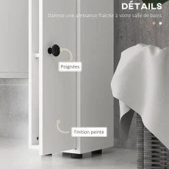 Meuble colonne salle de bain 2 portes 2 étagères 4 niches tiroir poignées métal noir panneaux blanc