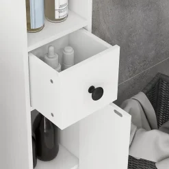 Meuble colonne salle de bain 2 portes 2 étagères 4 niches tiroir poignées métal noir panneaux blanc