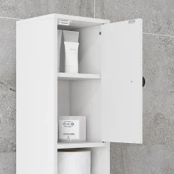 Meuble colonne salle de bain 2 portes 2 étagères 4 niches tiroir poignées métal noir panneaux blanc