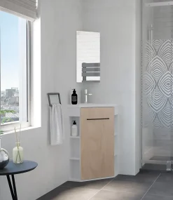 Meuble d’angle tout en un compact H.84 x l.46 cm, blanc mat, porte décor bois, Nova
