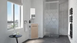 Meuble d’angle tout en un compact H.84 x l.46 cm, blanc mat, porte décor bois, Nova