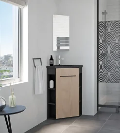 Meuble d’angle tout en un compact H.84 x l.46 cm, noir mat, porte décor bois, Nova