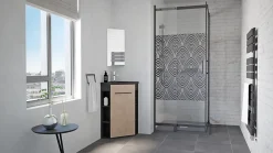 Meuble d’angle tout en un compact H.84 x l.46 cm, noir mat, porte décor bois, Nova