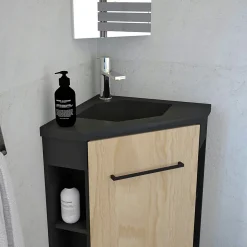 Meuble d’angle tout en un compact H.84 x l.46 cm, noir mat, porte décor bois, Nova