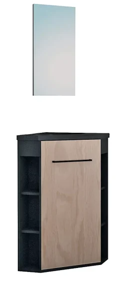 Meuble d’angle tout en un compact H.84 x l.46 cm, noir mat, porte décor bois, Nova