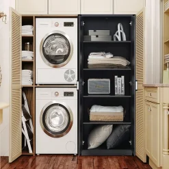 Meuble de Rangement Haute à 5 Niveaux Meuble Autoportant avec Doubles Portes et étagères Ajustables Antibasculement Noir