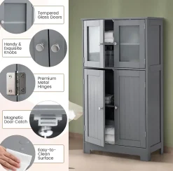 Meuble de Rangement Placard Buffet sur Pied avec Etagère Réglable avec 4 Portes et Verre Trempé Gris