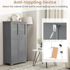 Meuble de Rangement Placard Buffet sur Pied avec Etagère Réglable avec 4 Portes et Verre Trempé Gris
