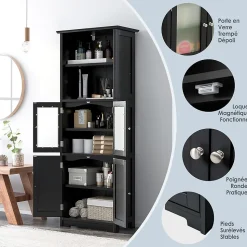 Meuble de Rangement pour Salle de Bain avec 3 Parties,6 Niveaux ,2 Étagères et 2 Compartiments,Portes en Verre et Poignées(Noir)