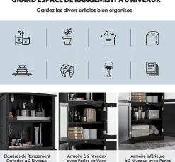 Meuble de Rangement pour Salle de Bain avec 3 Parties,6 Niveaux ,2 Étagères et 2 Compartiments,Portes en Verre et Poignées(Noir)