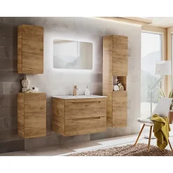 Meuble de rangement salle de bain ERBANO 1 porte Coloris chene clair Compact et suspendu