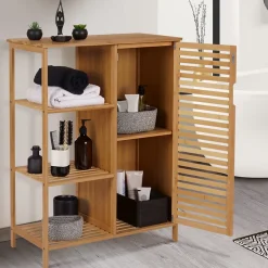 Meuble de rangement salle de bain bambou BEA 3 étagères avec placard