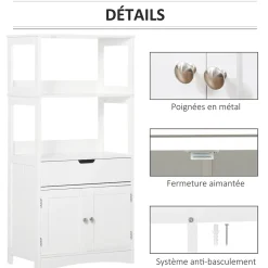 Meuble de rangement salle de bain - 2 portes, tiroir, 3 étagères - dim. 60L x 33l x 122H cm - MDF blanc