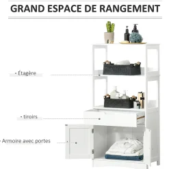 Meuble de rangement salle de bain - 2 portes, tiroir, 3 étagères - dim. 60L x 33l x 122H cm - MDF blanc