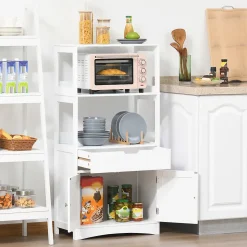 Meuble de rangement salle de bain - 2 portes, tiroir, 3 étagères - dim. 60L x 33l x 122H cm - MDF blanc