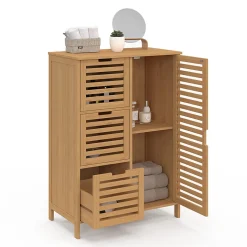 Meuble de rangement salle de bain bambou BEA 3 tiroirs avec placard