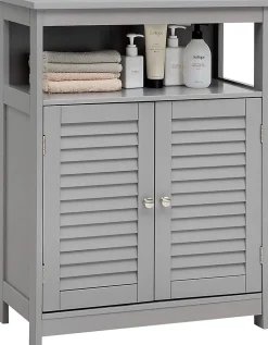 Meuble de Rangement sur Pieds Armoire de Salle de Bain en MDF avec 2 Portes a Volets et Etagere Reglable