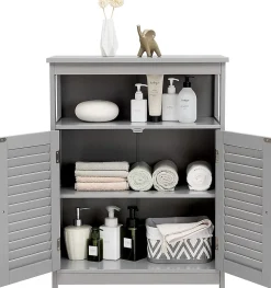 Meuble de Rangement sur Pieds Armoire de Salle de Bain en MDF avec 2 Portes a Volets et Etagere Reglable