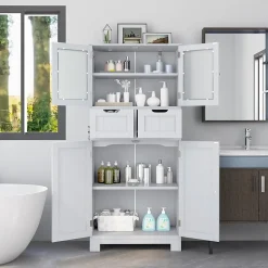 Meuble de Rangement sur Pied avec Compartiment à Porte en Verre Trempé 2 Tiroirs et 1 Cabinet Clôturé Meuble dIntérieur