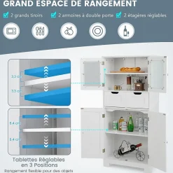 Meuble de Rangement sur Pied avec Compartiment à Porte en Verre Trempé 2 Tiroirs et 1 Cabinet Clôturé Meuble dIntérieur
