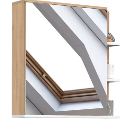 Meuble de rangement suspendu avec miroir et étagères pour salle de bain TOMI façon hêtre et blanc