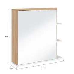 Meuble de rangement suspendu avec miroir et étagères pour salle de bain TOMI façon hêtre et blanc