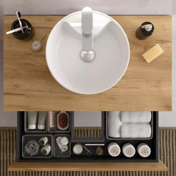 Meuble de salle de bain - 80 cm - Avec vasque à poser - Effet chêne brut - A suspendre - KARAIB