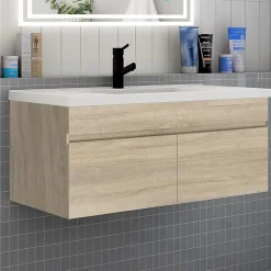 Meuble de salle de bain 100 cm avec vasque suspendu 2 portes, meuble bois clair