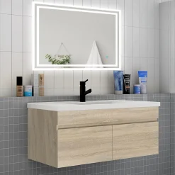 Meuble de salle de bain 100 cm avec vasque suspendu 2 portes, meuble bois clair