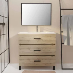 Meuble de salle de bain 80 cm - Chêne industriel - 3 Tiroirs - Vasque et Miroir