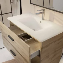 Meuble de salle de bain 80 cm - Chêne industriel - 3 Tiroirs - Vasque et Miroir