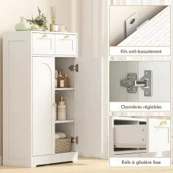 Meuble de salle de bain - 2 tiroirs, 2 portes, étagères réglables - dim. 60 x 30 x 108 cm - blanc