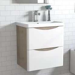 Meuble de salle de bain avec vasque 50 cm, meuble blanc et bois avec 2 tiroirs, meuble démonté