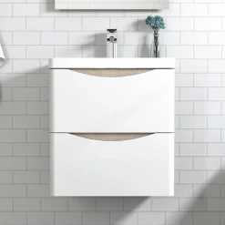 Meuble de salle de bain avec vasque 50 cm, meuble blanc et bois avec 2 tiroirs, meuble démonté