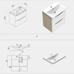 Meuble de salle de bain avec vasque 50 cm, meuble blanc et bois avec 2 tiroirs, meuble démonté