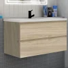 Meuble de salle de bain avec lavabo, 100 cm, 2 tiroirs avec fermeture amortie, meuble suspendu chêne