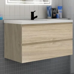 Meuble de salle de bain avec lavabo, 100 cm, 2 tiroirs avec fermeture amortie, meuble suspendu chêne
