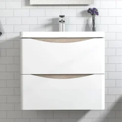 Meuble de salle de bain avec vasque 60 cm, meuble blanc et bois avec 2 tiroirs, meuble démonté
