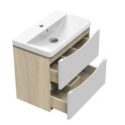 Meuble de salle de bain avec vasque 60 cm, meuble blanc et bois avec 2 tiroirs, meuble démonté