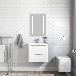 Meuble de salle de bain avec vasque 60 cm, meuble blanc et bois avec 2 tiroirs, meuble démonté