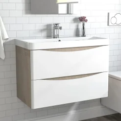 Meuble de salle de bain avec vasque 80 cm, meuble blanc et bois avec 2 tiroirs, meuble démonté
