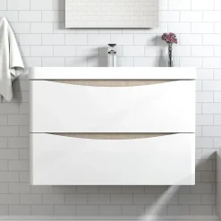 Meuble de salle de bain avec vasque 80 cm, meuble blanc et bois avec 2 tiroirs, meuble démonté