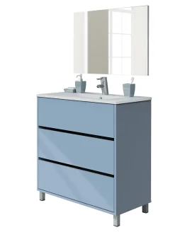 Meuble de salle de bain avec 3 portes coloris bleu azul - Hauteur 88 x Longueur 81 x Profondeur 47 cm