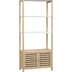 Meuble de Salle de Bain avec 3 étagères en Bambou 1 Placard avec Portes à Lattes 63 x 30 x 138 cm Bois Naturel et Blanc