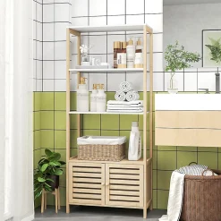 Meuble de Salle de Bain avec 3 étagères en Bambou 1 Placard avec Portes à Lattes 63 x 30 x 138 cm Bois Naturel et Blanc