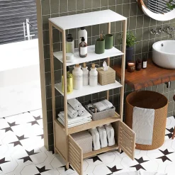 Meuble de Salle de Bain avec 3 étagères en Bambou 1 Placard avec Portes à Lattes 63 x 30 x 138 cm Bois Naturel et Blanc